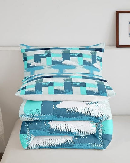 Teal Comforter Set Full Size Turquoise Comforter Blue Grey Grunge Ombre Bedding Set for Kids Boys Girls Adults Bedroom Decor Watercolor Abstract Contemporary Quilt Duvet Insert with 2 Pillowcases - LeafyLoom