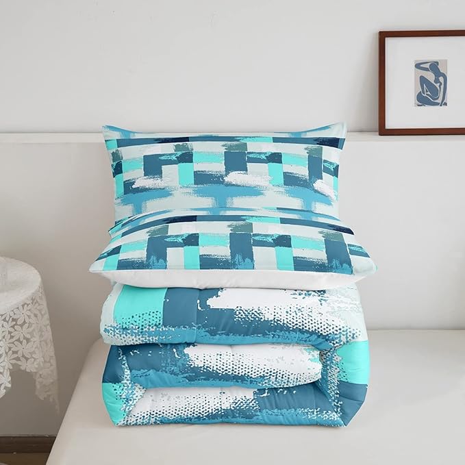 Teal Comforter Set Full Size Turquoise Comforter Blue Grey Grunge Ombre Bedding Set for Kids Boys Girls Adults Bedroom Decor Watercolor Abstract Contemporary Quilt Duvet Insert with 2 Pillowcases - LeafyLoom