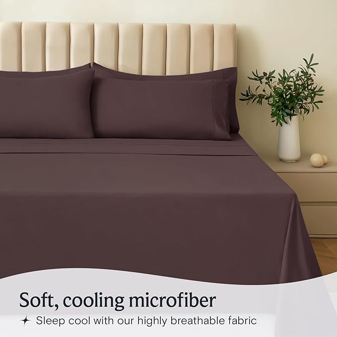 LuxClub 7 PC Split King Sheet Set, Breathable Luxury Bed Sheets, Deep Pockets 18" Eco Friendly Wrinkle Free Cooling Sheets Machine Washable Hotel Bedding Silky Soft - Brown Split King - LeafyLoom