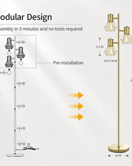 BoostArea Industrial Floor Lamp,Standing Lamp,Farmhouse Tree Floor Lamp with 3pcs 6W Edison Bulbs,Free Adjustable Cage Heads,Independent Control,Floor Lamp for Living Room,Bedroom,Rustic Home - LeafyLoom