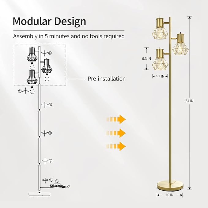 BoostArea Industrial Floor Lamp,Standing Lamp,Farmhouse Tree Floor Lamp with 3pcs 6W Edison Bulbs,Free Adjustable Cage Heads,Independent Control,Floor Lamp for Living Room,Bedroom,Rustic Home - LeafyLoom