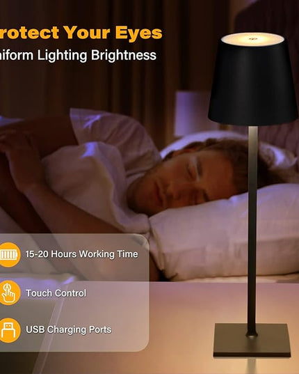 Cordless Table Lamps, 3 Colors Stepless Dimming, 5000mAh Rechargeable Battery LED Desk Lamp for Bedroom/Couple Dinner/Desk/Cafe/Dining Room/Terrace (Black) - LeafyLoom
