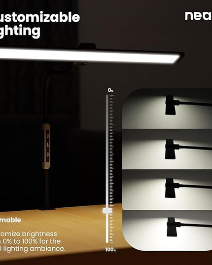 Neatfi Modern Desk Lamp with Clamp, Touch & Remote Controlled, 15W, Adjustable Color Temperature (3000K-6000K), Stepless Dimming, Flicker-Free, Wide-Angle Lighting for Home (Gooseneck, Black) - LeafyLoom