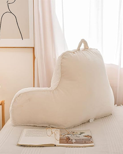 A Nice Night Faux Fur Reading Pillow Bed Wedge Large Adult Children Backrest with Arms Back Support for Sitting Up in Bed/Couch for Bedrest,Ivory,Large - LeafyLoom