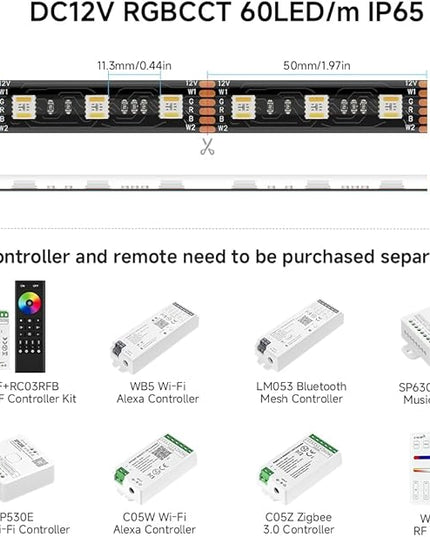 BTF-LIGHTING RGBCCT 5 Colors in 1 LED 5050SMD RGBWW RGB+Dimmable Tunable Color Temperature 2700K-6500K 16.4ft 60LEDs/m 300LEDs DC12V Multi-Colored Lights IP65 for Decoration(No Adapter or Controller) BTF-LIGHTING