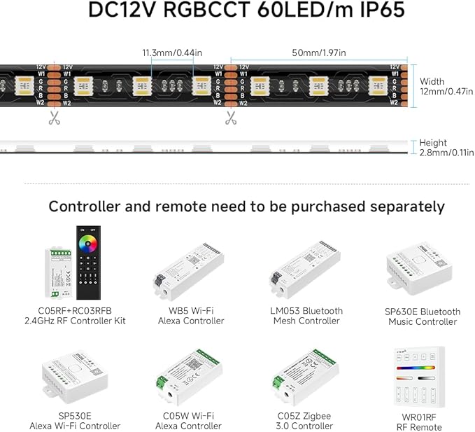 BTF-LIGHTING RGBCCT 5 Colors in 1 LED 5050SMD RGBWW RGB+Dimmable Tunable Color Temperature 2700K-6500K 16.4ft 60LEDs/m 300LEDs DC12V Multi-Colored Lights IP65 for Decoration(No Adapter or Controller) BTF-LIGHTING