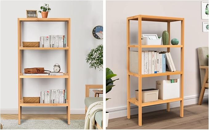 4 Tier Bamboo Shelf, Freestanding Book Shelf Bookcase Storage Rack for Bathroom Kitchen Living Room - LeafyLoom