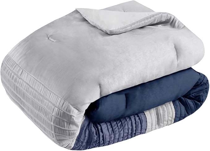 Madison Park Amherst Faux Silk Comforter Set-Casual Contemporary Design All Season Down Alternative Bedding, Matching Shams, Bedskirt, Decorative Pillows, King(104"x92"), Navy, 7 Piece (MP10-2208) - LeafyLoom