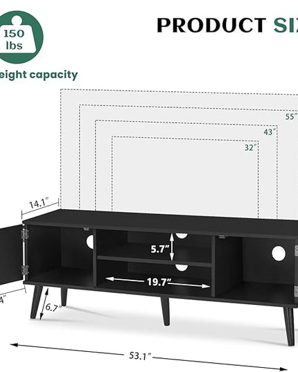 Iwell Black TV Stand for 60 Inch TV, Entertainment Center with Adjustable Shelf, TV Console, Modern TV Stand for Living Room, Bedroom, Black - LeafyLoom