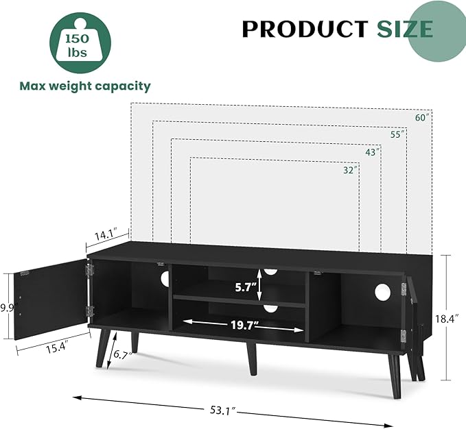 Iwell Black TV Stand for 60 Inch TV, Entertainment Center with Adjustable Shelf, TV Console, Modern TV Stand for Living Room, Bedroom, Black - LeafyLoom