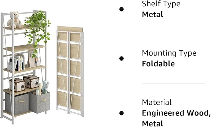 4NM No-Assembly Folding Bookshelf Storage Shelves 5 Tiers Vintage Bookcase Standing Racks Study Organizer Home Office (Natural and White) - LeafyLoom