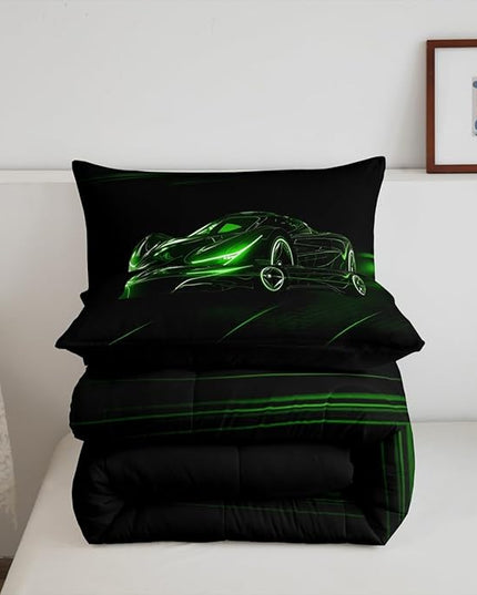 Feelyou Green Race Car Bedding Set King Size for Kids Boys Extreme Sport Games Comforter Set Teens Toddler Fast and Furious Duvet Set Cool Modern Quilt Set 3Pcs - LeafyLoom
