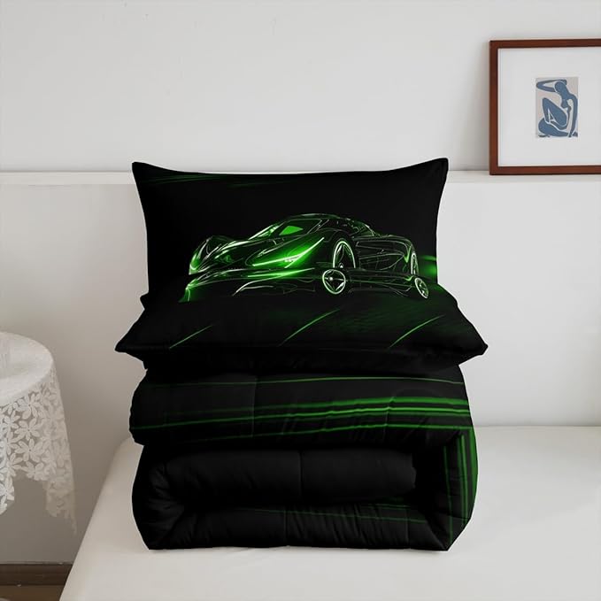 Feelyou Green Race Car Bedding Set King Size for Kids Boys Extreme Sport Games Comforter Set Teens Toddler Fast and Furious Duvet Set Cool Modern Quilt Set 3Pcs - LeafyLoom