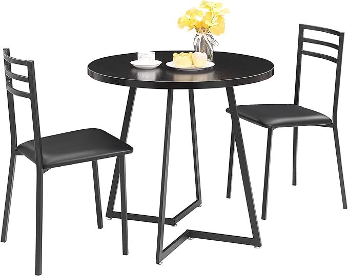 VECELO 3 Piece Kitchen Dining Room Set, Wood Round Table for Breakfast Nook Small Space, Dinette with 2 Cushioned Chairs, Matte Black - LeafyLoom
