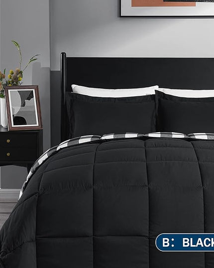 downluxe Lightweight Plaid Comforter Set (King) with 2 Pillow Shams - 3-Piece Set - Black/White Plaid - Down Alternative Reversible Comforter - LeafyLoom