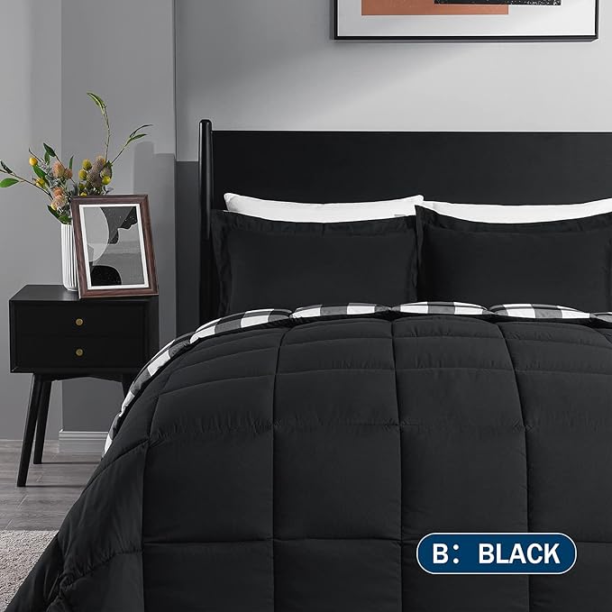 downluxe Lightweight Plaid Comforter Set (King) with 2 Pillow Shams - 3-Piece Set - Black/White Plaid - Down Alternative Reversible Comforter - LeafyLoom