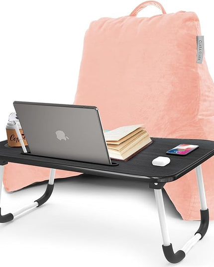 Clara Clark Reading Pillow with Portable Lap Desk for laptop Set, Back Pillow for Sitting Up in Bed, Memory Foam Back Support Pillow, Bed Rest Pillow with Foldable Laptop Desk, Standard - Peach - LeafyLoom