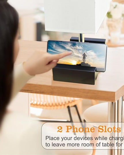 Fully Dimmable Nightstand Lamp for Bedroom with AC Outlet, Table Lamp with Two Phone Stands, Bedside Lamps, Desk Lamp for Bedroom, Living Room, LED Bulb Included White - LeafyLoom