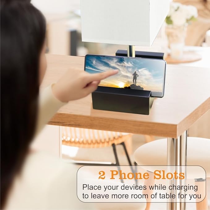 Fully Dimmable Table lamp, Lamps with Two Phone Stands and AC Outlet, Bedside Lamp with Two LED Bulb for Bedroom, Living Room,Study(Set of 2) Light White - LeafyLoom