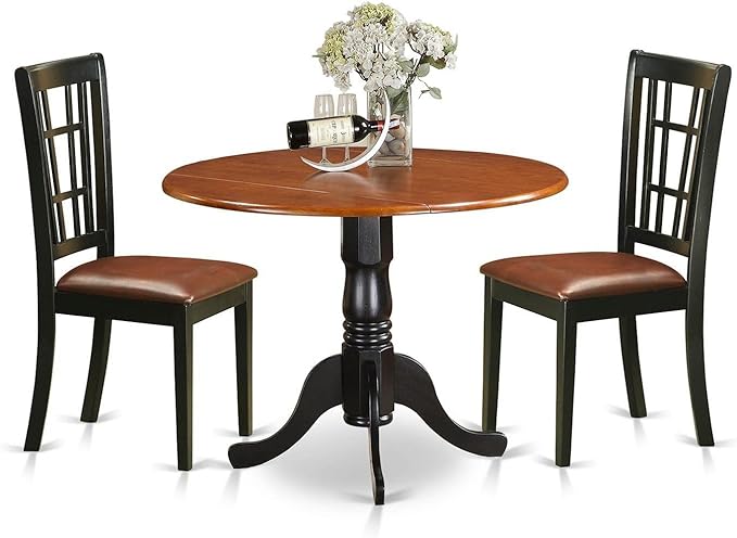 East West Furniture DLNI3-BCH-LC 3 Piece Set Contains a Round Dining Room Table with Dropleaf and 2 Faux Leather Upholstered Chairs, 42x42 Inch - LeafyLoom