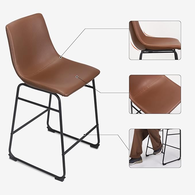 Bar Stools Set of 2, 26 Inches Bar Stool with Back, Carbon Fiber Bar Chair with Metal Legs (Brown) - LeafyLoom