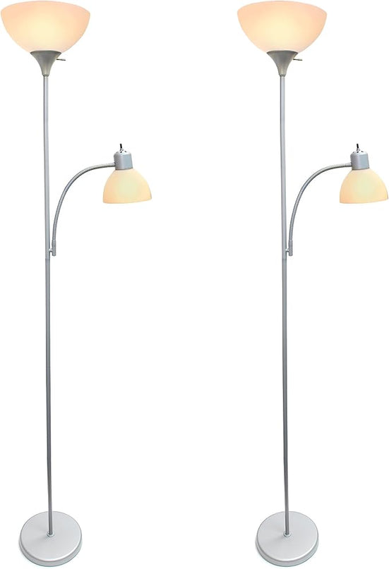 Simple Designs LF2000-SLV-2PK Floor Lamp with Reading Light 2 Pack, Silver - LeafyLoom