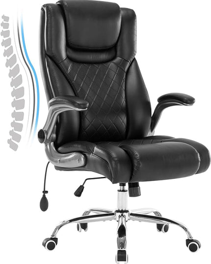 Executive Office Chair Desk Swivel Chair High Back Computer Chair - Adjustable Lumbar Support with Flip-Up Arms PU Leather Chair with Spring Cushion (Black) - LeafyLoom