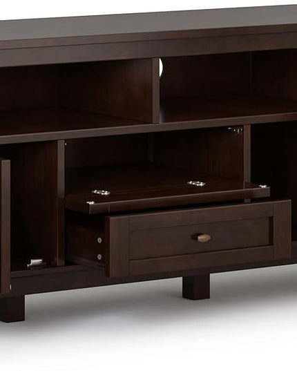 SIMPLIHOME Warm Shaker SOLID WOOD Universal TV Media Stand, 72 inch Wide, Transitional, Living Room Entertainment Center with Storage, for Flat Screen TVs up to 80 inches in Russet Brown - LeafyLoom