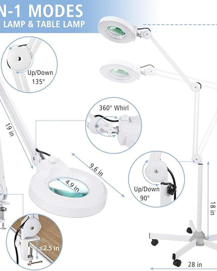 Magnifying floor lamp with 5 Wheels Rolling Base for estheticians - 1,500 Lumens LED Dimmable light with Magnifying Glass, 8-diopter Lighted magnifier for Reading, Crafts, Sewing, Close Work(5X) - LeafyLoom