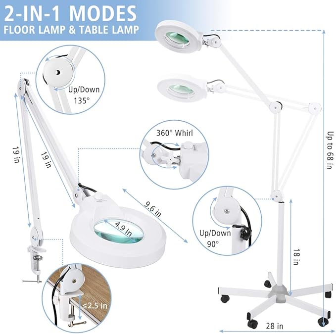 Magnifying floor lamp with 5 Wheels Rolling Base for estheticians - 1,500 Lumens LED Dimmable light with Magnifying Glass, 8-diopter Lighted magnifier for Reading, Crafts, Sewing, Close Work(5X) - LeafyLoom