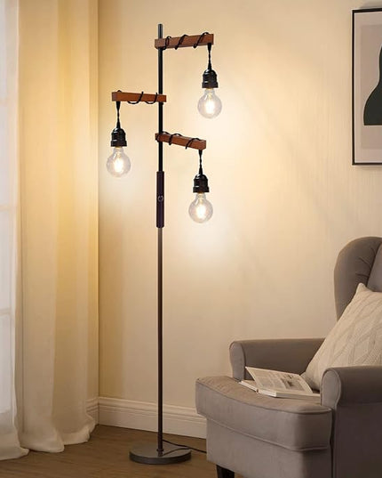 Dimmable Industrial Floor Lamp,Modern Farmhouse Tree Standing Lamp,68 Inch 3-Light Wood Tall Vintage Pole Lamps for Living Room Bedroom Office Rustic Home Decor - LeafyLoom