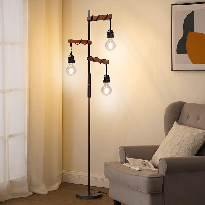 Dimmable Industrial Floor Lamp,Modern Farmhouse Tree Standing Lamp,68 Inch 3-Light Wood Tall Vintage Pole Lamps for Living Room Bedroom Office Rustic Home Decor - LeafyLoom