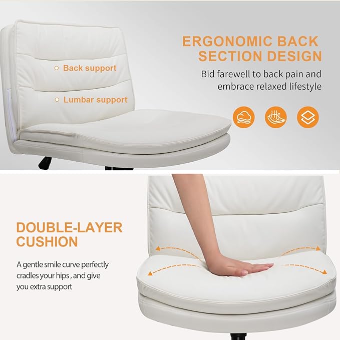 COMHOMA Criss Cross Chair with Wheels, Armless Wide Cross Legged Office Chair Mid Back, Modern Home Office Desk Chair Swivel Adjustable Vanity Computer Chair, Beige - LeafyLoom