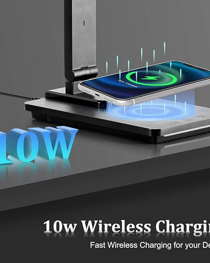 Dott Arts LED Desk Lamp with Wireless Charger, Touch Control Study Lamp with USB Charging Port, Table Lamp with Clock, Alarm, Date, Temperature, Office Lamp, Desk Lamps for Home Office,Black - LeafyLoom