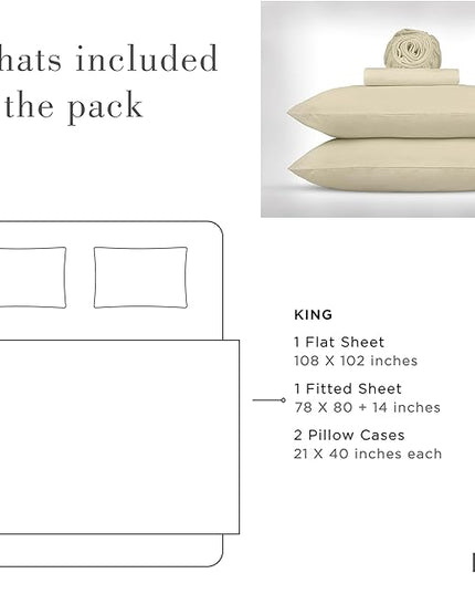 Linen Home Washed Cotton Percale King Sheet Set, Ivory, Deep Pocket, 4 Pieces Bed Sheets - 1 Flat Sheet, 1 Fitted Sheet & 2 Envelope Closure Pillowcases, Cool and Comfortable Bed Linen - LeafyLoom