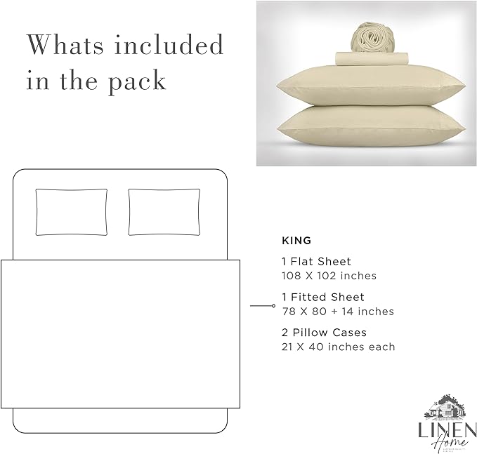 Linen Home Washed Cotton Percale King Sheet Set, Ivory, Deep Pocket, 4 Pieces Bed Sheets - 1 Flat Sheet, 1 Fitted Sheet & 2 Envelope Closure Pillowcases, Cool and Comfortable Bed Linen - LeafyLoom