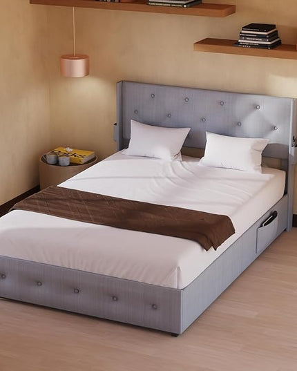 Queen Lift Up Storage Bed Frame, Button Tufted Wingback Headboard with USB Ports,Hydraulic Storage, Wood Slats Support, No Box Spring Needed, Noise-Free - LeafyLoom