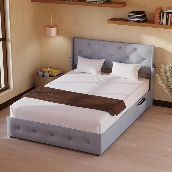 Queen Lift Up Storage Bed Frame, Button Tufted Wingback Headboard with USB Ports,Hydraulic Storage, Wood Slats Support, No Box Spring Needed, Noise-Free - LeafyLoom