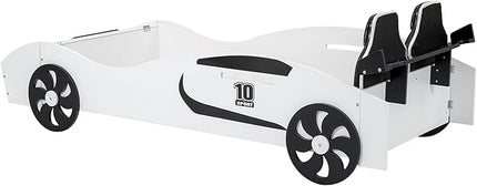 Twin Race Car-Shaped Bed with Storage Space & Upholstered Backrest,Wood Bedframe W/Safety Guardrail,Slats Support,No Box Spring Required,Fun Play for Boys Kids Toddlers Child's Bedroom,White - LeafyLoom