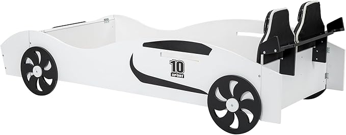 Twin Race Car-Shaped Bed with Storage Space & Upholstered Backrest,Wood Bedframe W/Safety Guardrail,Slats Support,No Box Spring Required,Fun Play for Boys Kids Toddlers Child's Bedroom,White - LeafyLoom