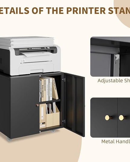 Mobile Mobile Printer Stand with Storage, Lateral Filing Cabinet with Adjustable Shelf, Under Desk Black Small Rolling Printer Table Work Cart with Wheels Organizer Spaces for Office - LeafyLoom
