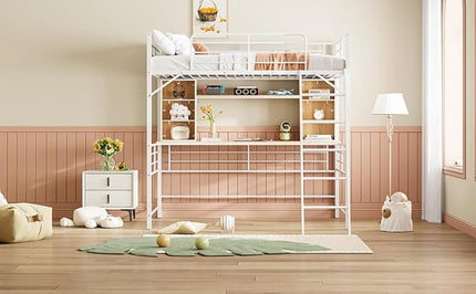 RITSU Full Size Loft Bed with Desk and Storage Shelves, Metal BedFrame,w/Ladder & Fenced Around Guardrails, Easy Assembly, for Adults, Kids, Teens, White - LeafyLoom
