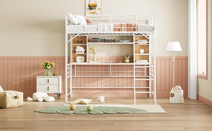 RITSU Full Size Loft Bed with Desk and Storage Shelves, Metal BedFrame,w/Ladder & Fenced Around Guardrails, Easy Assembly, for Adults, Kids, Teens, White - LeafyLoom