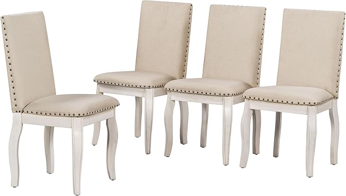 Farmhouse 5-Piece Extendable Dining Set, Round Table with 4 Upholstered Nailheads Outline Chairs, Oak Natural Wood + Antique White - LeafyLoom