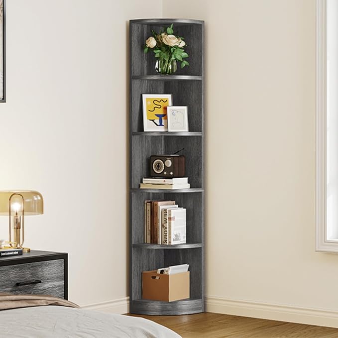 YITAHOME 70.8" Corner Shelf, 5 Tier Corner Bookshelf and bookcase, Modern Open Free Standing Shelving Unit Wooden Display Rack Storage Shelves for Bedroom, Living Room, Home Office, Charcoal Gray - LeafyLoom