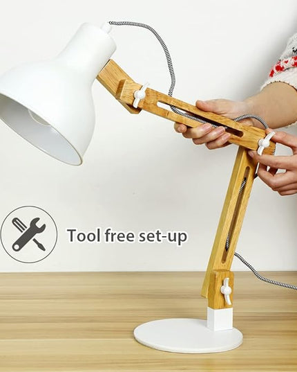 DINGLILIGHTING DLLT Swing Arm Desk Lamp, Wood Adjustable Gooseneck Table Lamp, Modern Architect Desk Light, Reading Light for Work, Study, Bedroom, Home Office, White Metal Shade, E26 Bulb Included - LeafyLoom