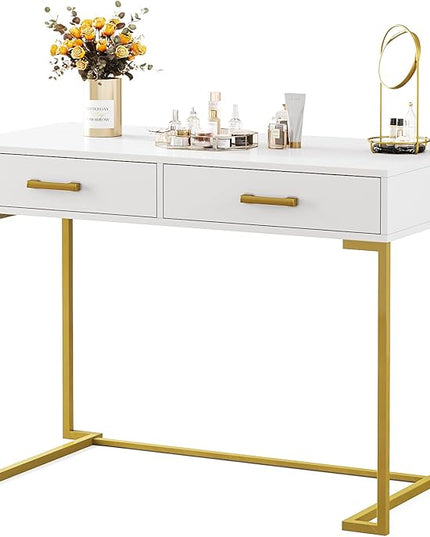 Computer Desk with 2 Drawers, Wooden Writing Desks for Home Office, White&Gold - LeafyLoom