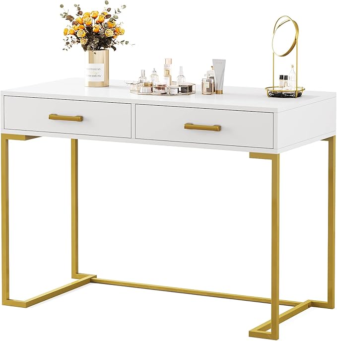 Computer Desk with 2 Drawers, Wooden Writing Desks for Home Office, White&Gold - LeafyLoom