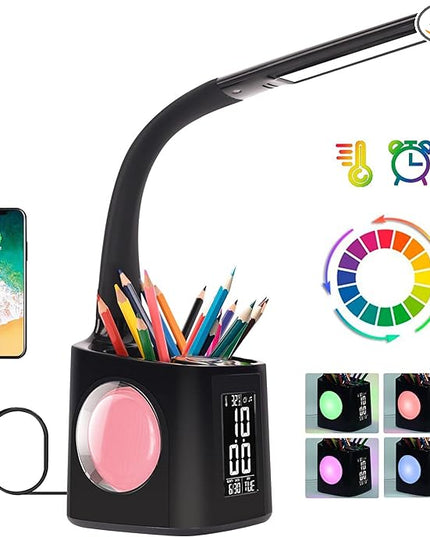 wanjiaone LED Desk Lamp with Clock,Color Changing Nightlight,Study Lamp with Pen Holder,Desk Light with USB Charger,Table Light for Home,Office,Gift for Kids,Students,Women,Black - LeafyLoom