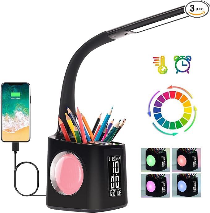 wanjiaone LED Desk Lamp with Clock,Color Changing Nightlight,Study Lamp with Pen Holder,Desk Light with USB Charger,Table Light for Home,Office,Gift for Kids,Students,Women,Black - LeafyLoom